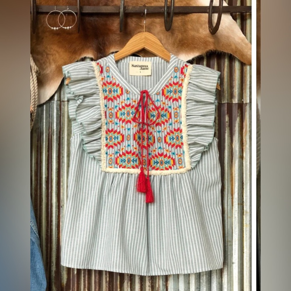 Savannah Jane Stripped Ruffle Aztec Osage City Top